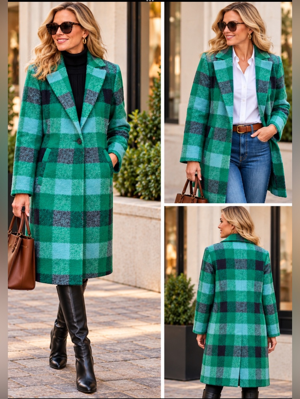 Talbots Petite XL Green buffalo Check Wool Blend Midi Coat Quiet luxury preppy